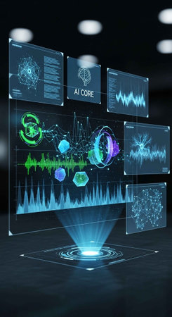A futuristic digital interface displaying various data visualizations and AI core information