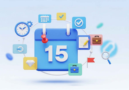 A colorful calendar icon surrounded by various productivity and organization symbols