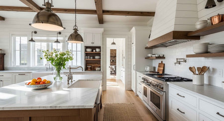 A modern kitchen with white cabinets and a large island in the centerの写真素材