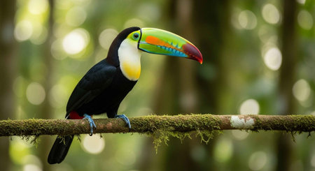 A vibrant toucan perched on a mossy branch in a lush forest environment