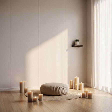 A serene meditation room with candles and a pouf in a bright spaceの写真素材