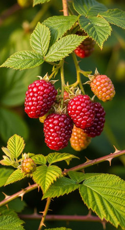A close-up view of ripe raspberries hanging from a thorny green bush branch