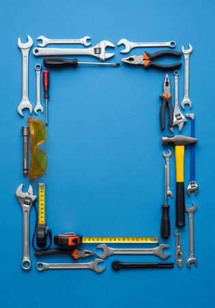 A collection of various tools arranged in a square on a blue backgroundの写真素材