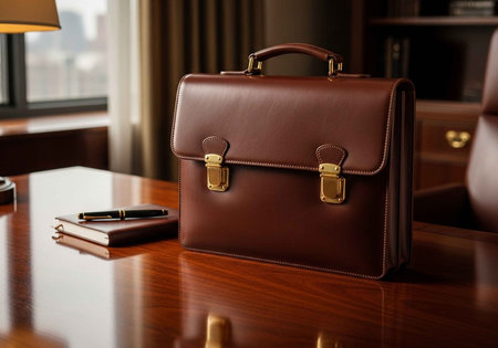 A luxurious brown leather briefcase sits on a polished wooden desk in an office