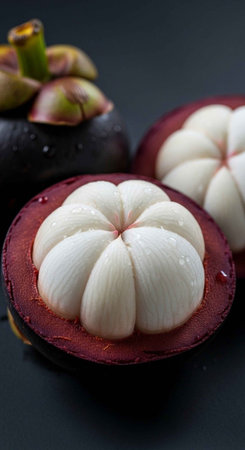 A close-up view of fresh mangosteen fruits on a dark surface