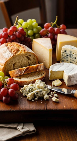 A beautifully arranged cheese board with bread and grapes on a wooden table