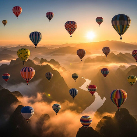 A serene landscape of hot air balloons floating above mountains at sunriseの写真素材