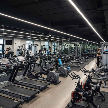 A modern gym with various exercise equipment and people working out indoors