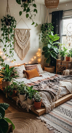 A cozy bohemian bedroom with a bed surrounded by lush green plants and macrame wall hangingsの写真素材