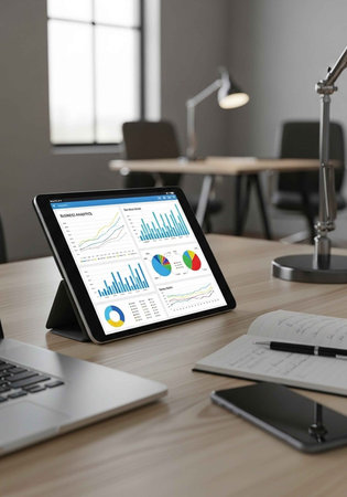 A tablet displaying business charts and graphs on a wooden office desk with modern equipment