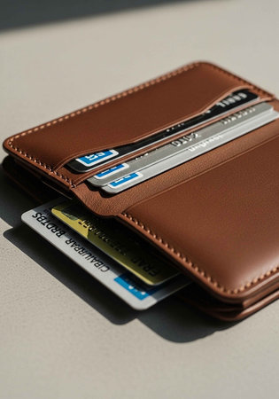 A brown leather wallet with cards sticking out on a gray surface