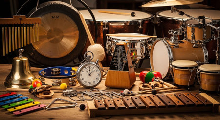 A collection of various musical instruments and objects on a wooden tableの写真素材