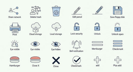 A collection of various computer and office icons on a clean white backgroundの写真素材