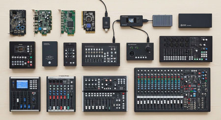 A collection of various electronic devices and circuit boards on a tableの写真素材