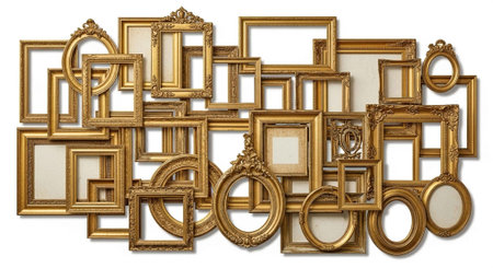 A collection of variously shaped and sized gold picture frames arranged haphazardly on a plain white background, showcasing ornate details and empty interiors.の写真素材