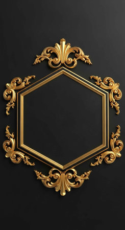 A luxurious gold hexagonal frame with intricate floral designs on a sleek black background, perfect for adding elegance to any setting.の写真素材
