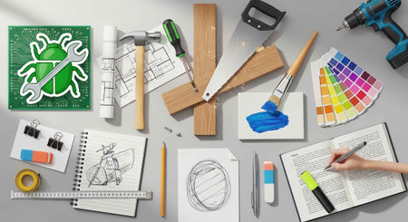 A well-organized workspace with various art supplies, tools, and materials for design, construction, and creativity, including notebooks, pencils, and a color palette.の写真素材