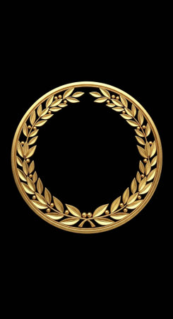 A gold laurel wreath is centered on a solid black background, showcasing its intricate leaf design and circular shape.の写真素材