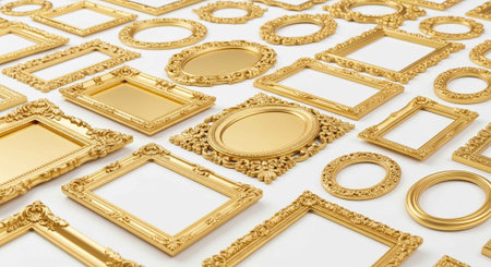 A diverse assortment of ornate gold picture frames in various shapes and sizes, arranged on a plain white surface.の写真素材