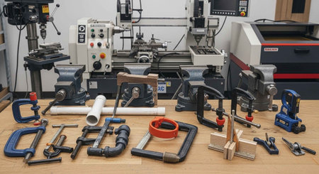 A collection of tools and machinery on a wooden workbench, including pipes, clamps, and industrial equipment in the background.の写真素材