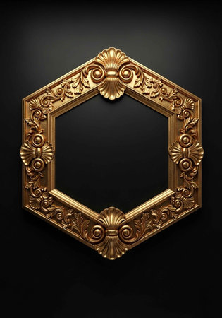 A luxurious gold hexagonal frame adorned with intricate floral patterns and scrollwork, set against a sleek black background.の写真素材