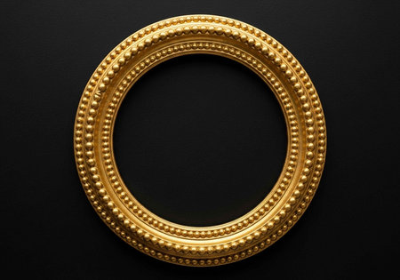 A luxurious gold oval picture frame with intricate beading details against a sleek black background.の写真素材