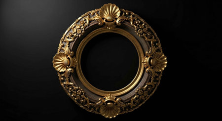 An ornate gold picture frame with intricate designs on a black backgroundの写真素材