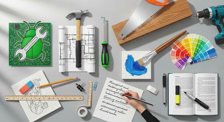 A well-organized workspace with various tools and materials for art and construction projects, including a hand writing notes, surrounded by a ruler, pencils, and a color palette.の写真素材
