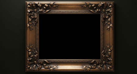 A luxurious gold picture frame adorned with ribbons and bows, set against a dark background, empty and ready for a photo or artwork.の写真素材