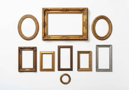 Collection of empty picture frames in different shapes, sizes, and colors, arranged on a plain white surface, showcasing ornate details and classic designs.の写真素材