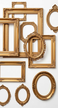 A collection of ornate gold picture frames on a white backgroundの写真素材
