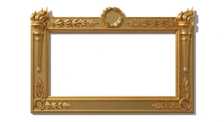 A luxurious gold picture frame with intricate designs on a white backgroundの写真素材