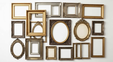 A collection of empty picture frames in various shapes and sizes on a wallの写真素材