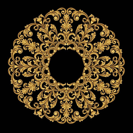 A gold ornate circular design on a black background with intricate patternsの写真素材