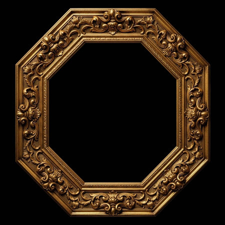 An ornate gold picture frame on a black background with intricate designsの写真素材