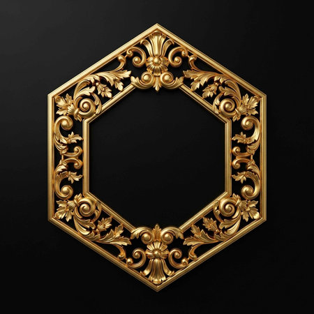 A gold hexagonal frame with intricate floral designs on a black backgroundの写真素材