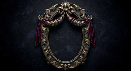 An ornate gold picture frame with red ribbons on a dark backgroundの写真素材