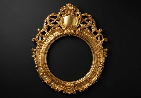 A luxurious gold picture frame with intricate designs on a black backgroundの写真素材