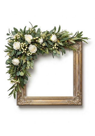 A beautiful gold picture frame adorned with white flowers and greenery on a white backgroundの写真素材