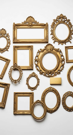 A collection of ornate gold picture frames on a white backgroundの写真素材