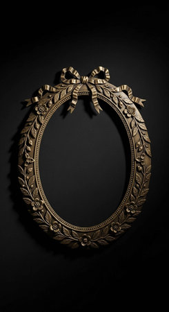 An ornate gold picture frame with a bow on a black backgroundの写真素材