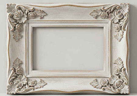 A beautifully crafted white picture frame with ornate floral designs on a plain wallの写真素材