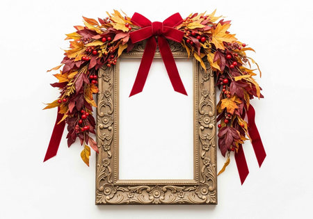 A beautifully decorated gold picture frame with a fall themed wreath and red ribbonの写真素材