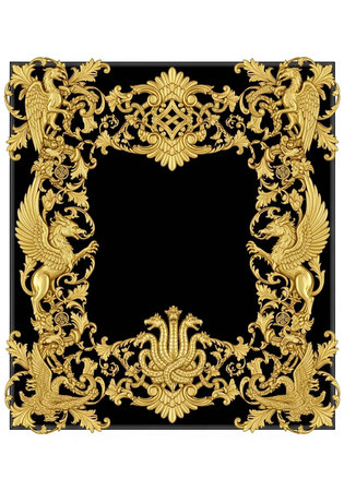 A luxurious gold frame with intricate designs on a black backgroundの写真素材