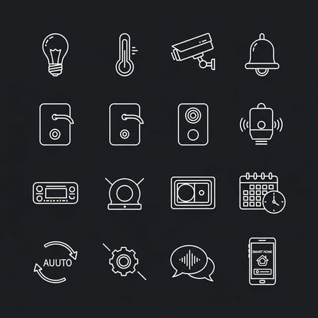 A collection of white smart home and technology icons on a black backgroundの写真素材