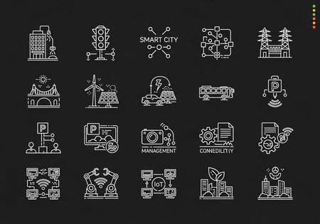 A collection of white line icons depicting various smart city and technology conceptsの写真素材