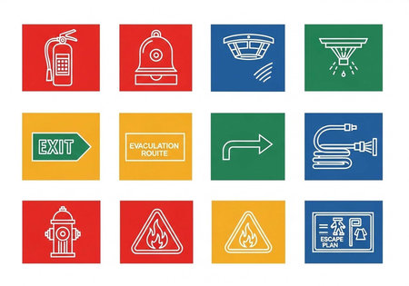 A collection of colorful safety icons for emergency evacuation and fire prevention purposesの写真素材