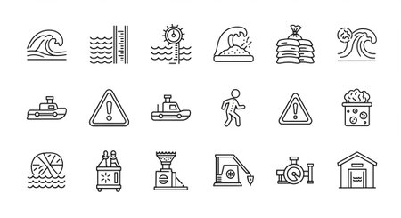 A collection of line icons depicting various industrial and warning symbols on a white backgroundの写真素材