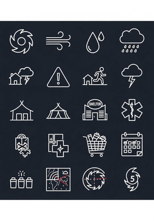 A collection of white emergency icons on a dark background for disaster preparednessの写真素材