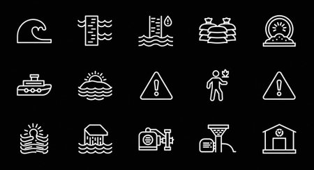 A collection of white icons on a black background representing various ocean and warning symbolsの写真素材